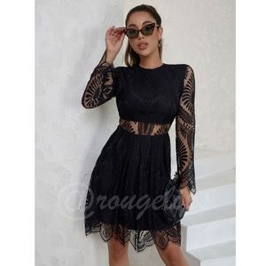 Black Elegant Dress Scallop Trim, Zipper Closure Long Sleeve Short, Mini, Lace